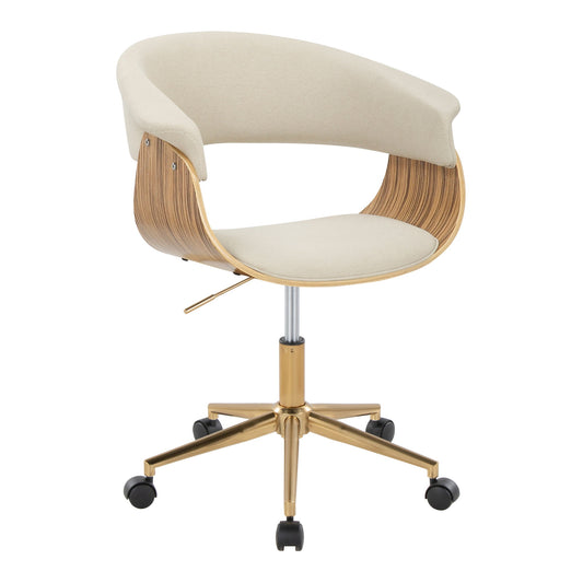 The Vintage Mod - Mid-Century Modern Office Chair features a curved wooden frame, cream cushioned seat and backrest, gold metal base, and five black caster wheels.