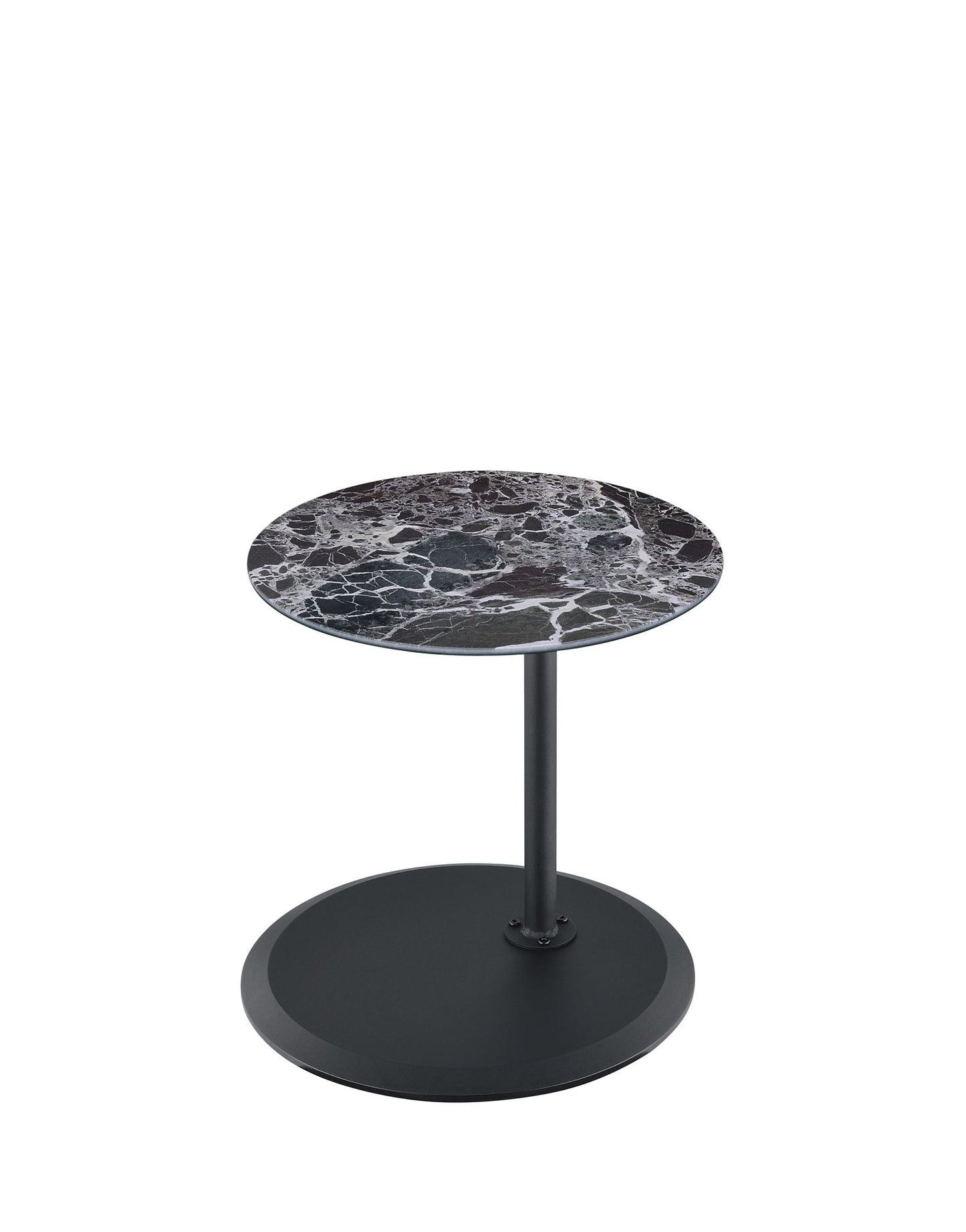 The Orbit 15.5" End Table features a height-adjustable, marble-textured round top with white veining, supported by a central black metal leg and a circular black metal base for a modern look.