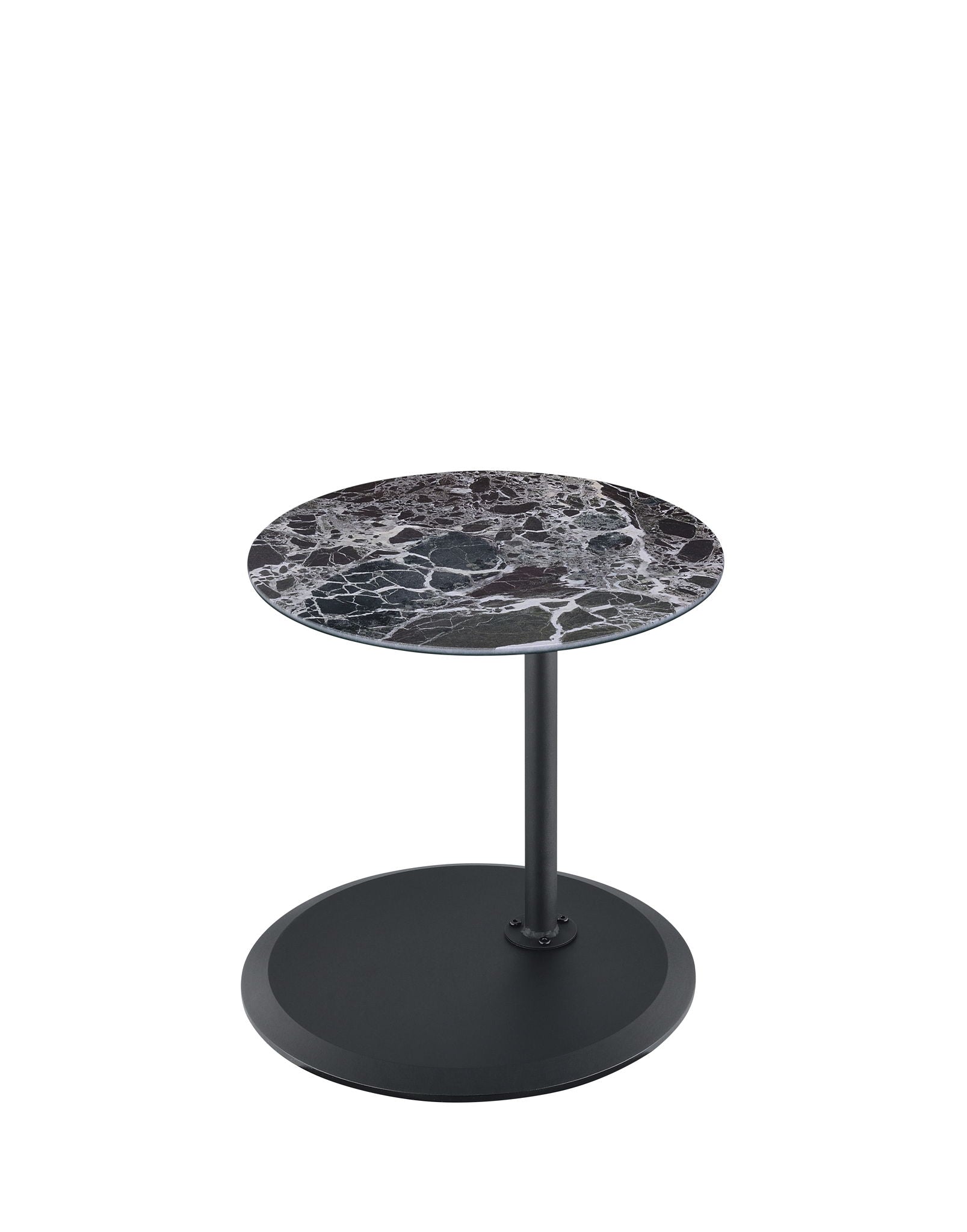 The Orbit 15.5" End Table features a height-adjustable, marble-textured round top with white veining, supported by a central black metal leg and a circular black metal base for a modern look.