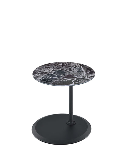 The Orbit 15.5" End Table features a height-adjustable, marble-textured round top with white veining, supported by a central black metal leg and a circular black metal base for a modern look.
