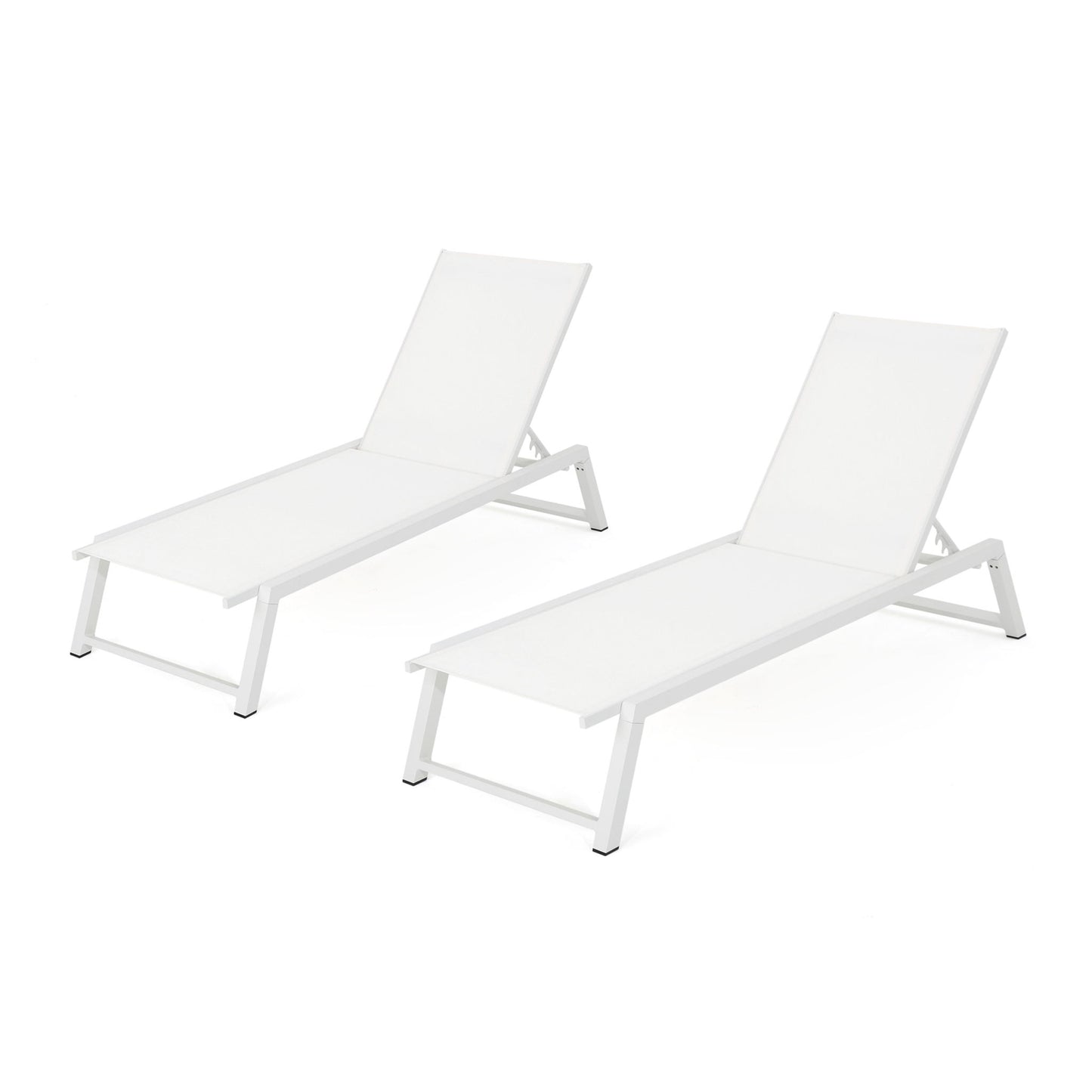 The Myers Modern Chaise Lounge Set features two white outdoor chairs with sleek frames and adjustable mesh backs, shown side by side on a white background.