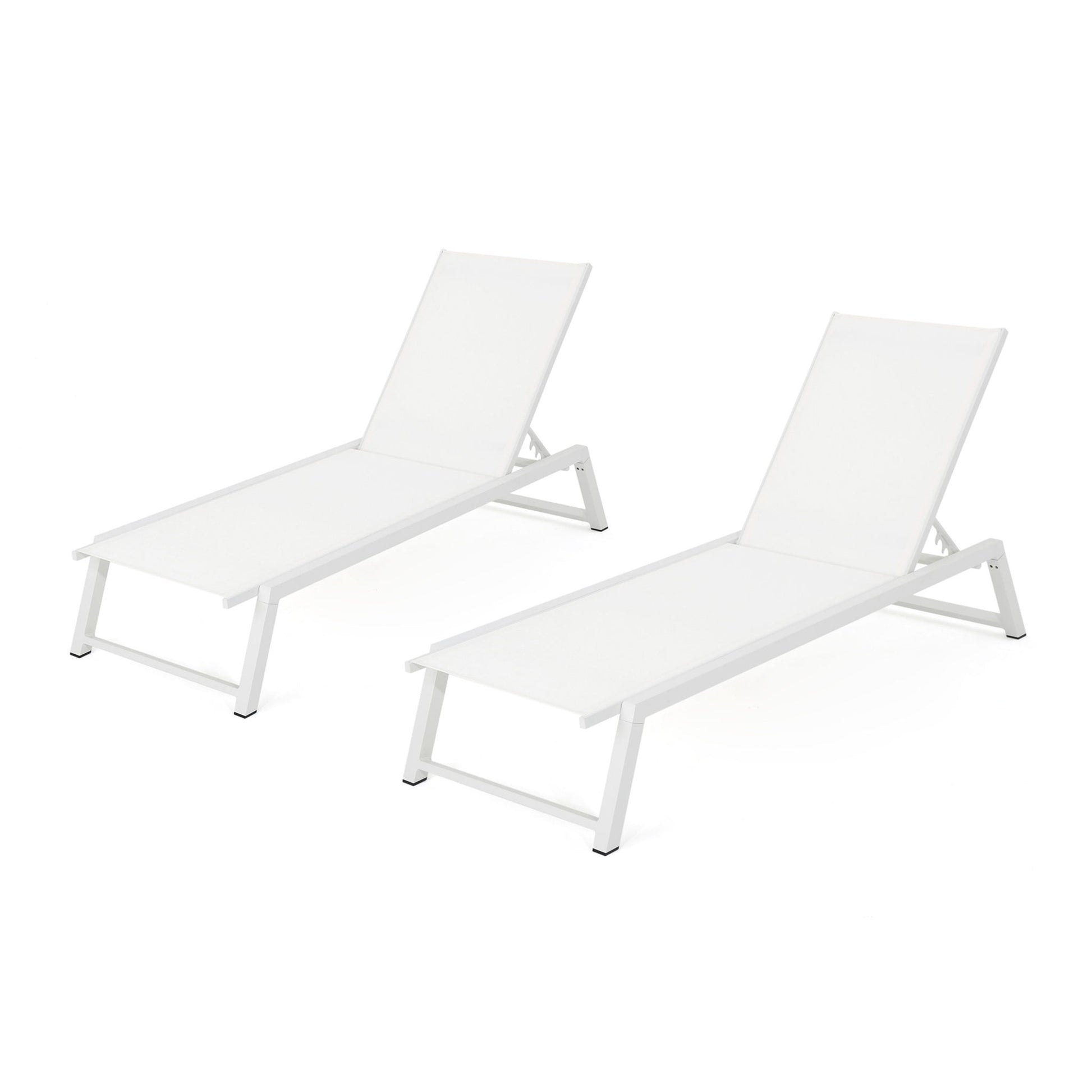 The Myers Modern Chaise Lounge Set features two white outdoor chairs with sleek frames and adjustable mesh backs, shown side by side on a white background.
