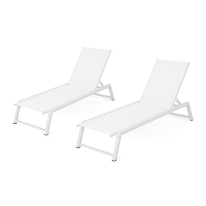 The Myers Modern Chaise Lounge Set features two white outdoor chairs with sleek frames and adjustable mesh backs, shown side by side on a white background.