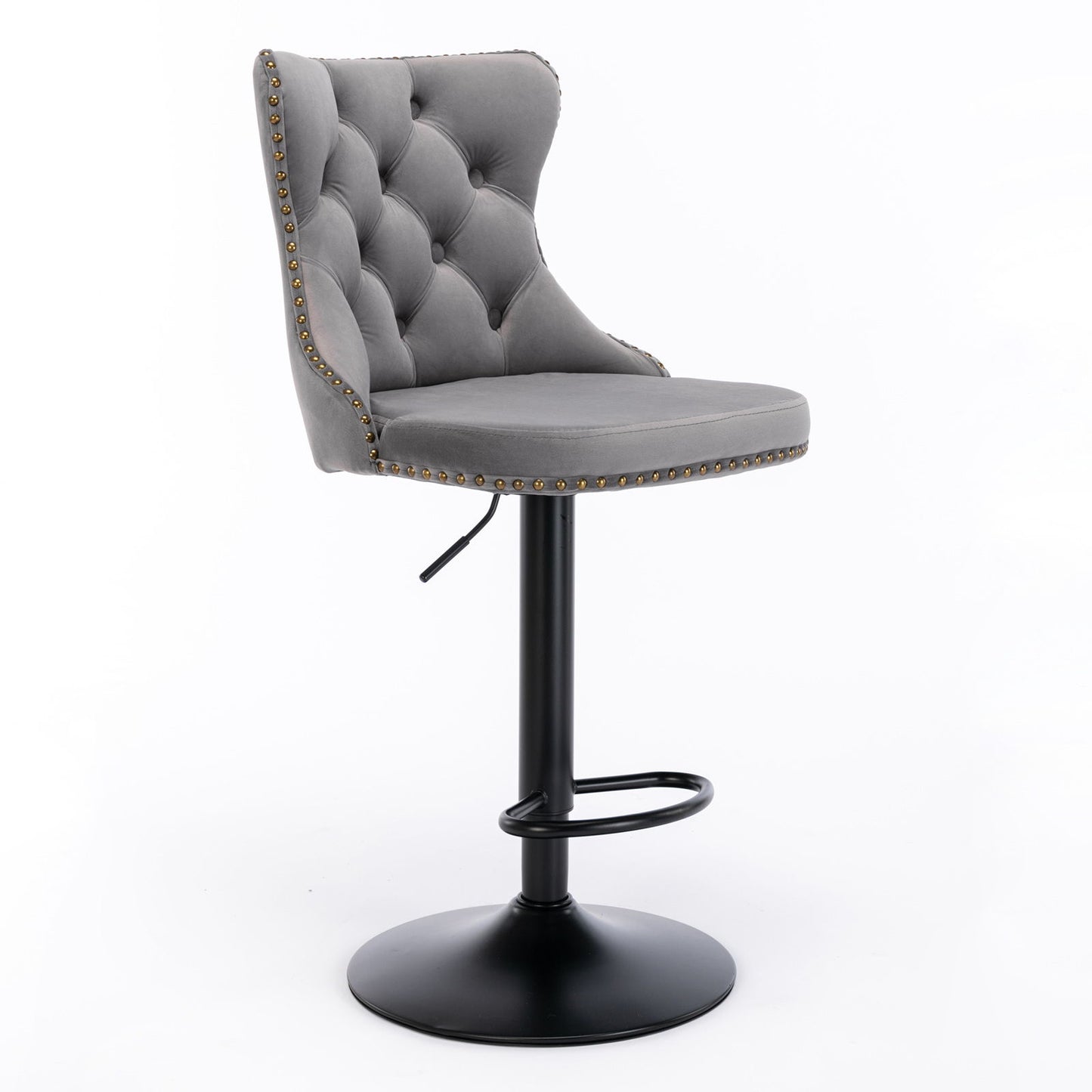 Set of 2 modern upholstered swivel velvet barstools with tufted backs, adjustable seat height, black metal pedestal base, footrest, and bronze nailhead trim—perfect for home pub or kitchen island.