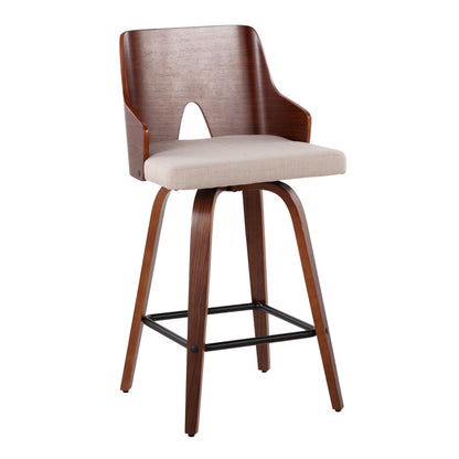 The Ariana Mid Century Modern Counter Stool (Set of 2) features a curved wooden backrest, beige upholstered seat cushion, wooden legs, and a black metal footrest.