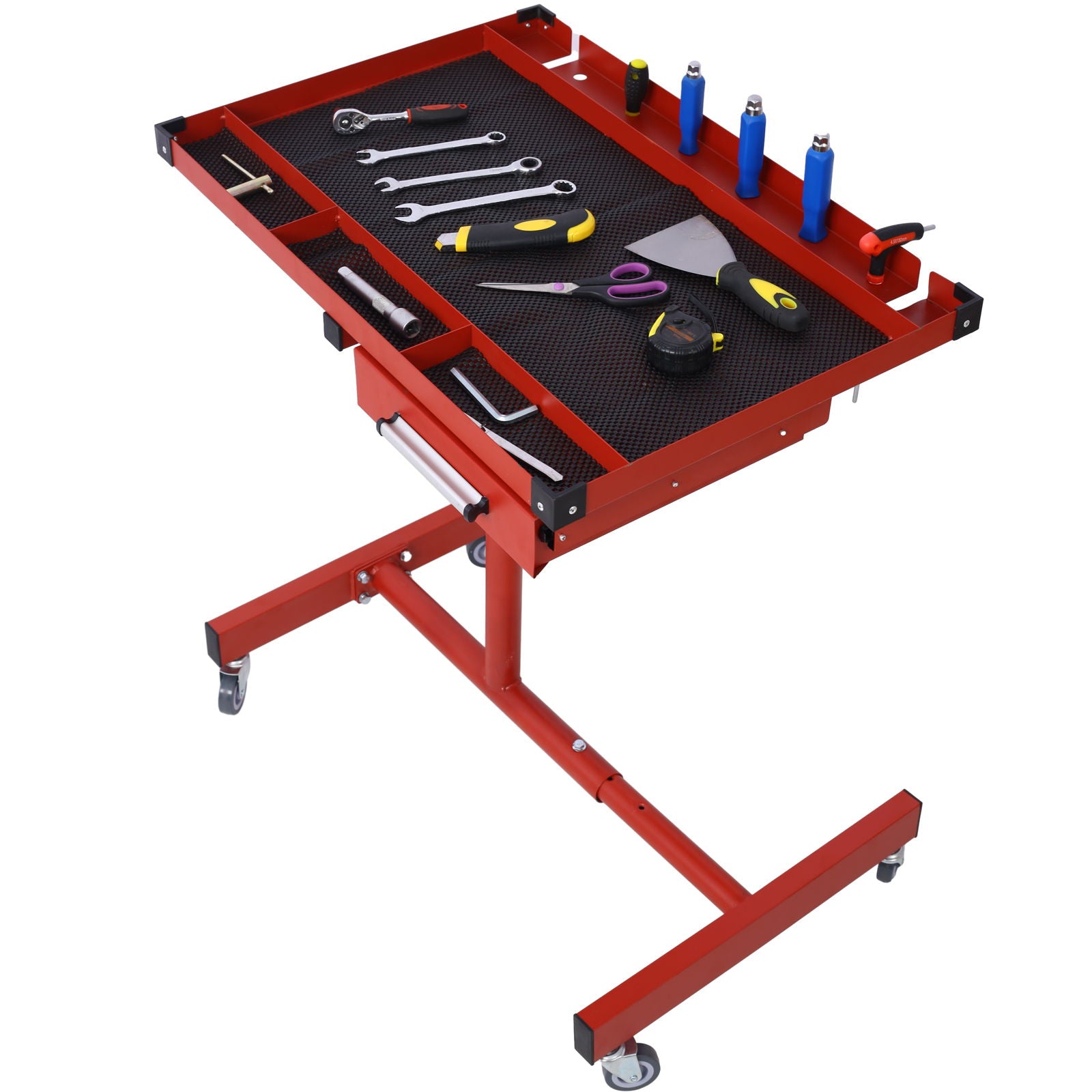 The Adjustable Tear Down Work Table features a non-slip mat with wrenches, pliers, tape measure, screwdrivers, and lighters. Portable with a drawer, adjustable height, 4 swivel casters, heavy duty steel frame, rubber corners, and 220 lb capacity.