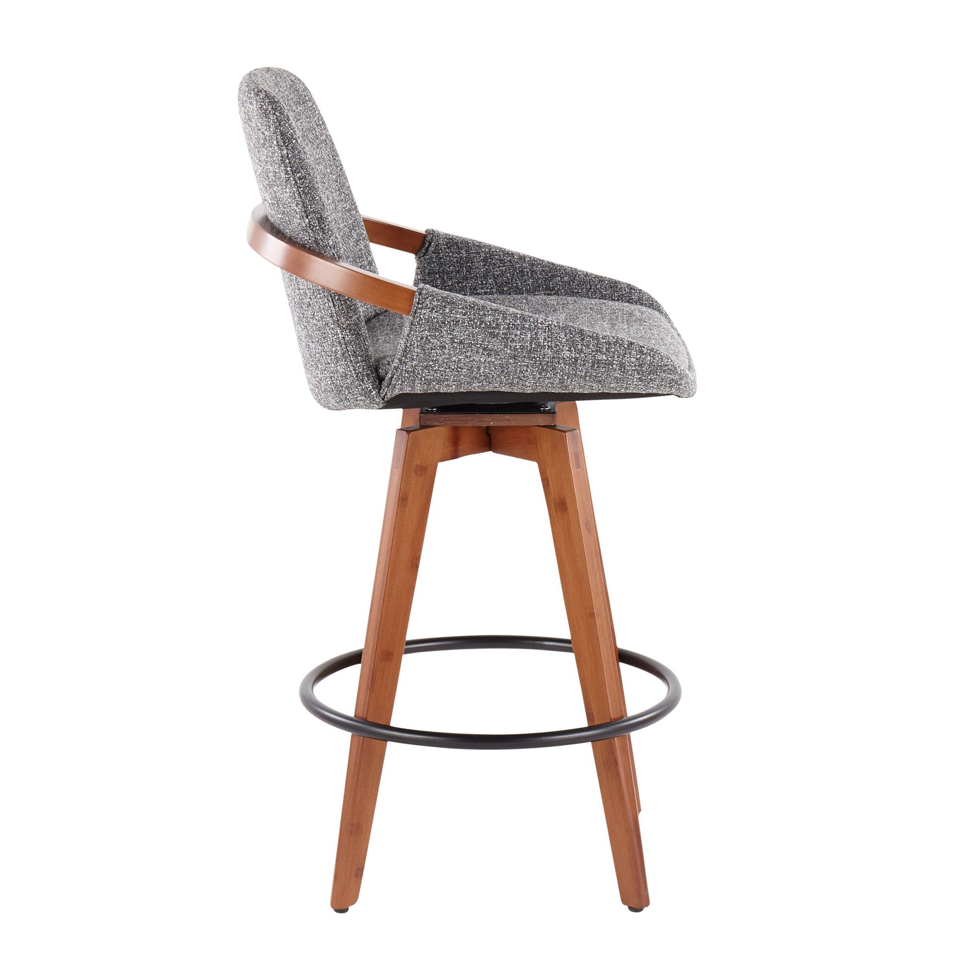 The Cosmo - Mid Century Counter Stool features a grey upholstered seat, wooden frame and legs, low backrest, armrest supports, and a black metal footrest ring. Shown from the side.