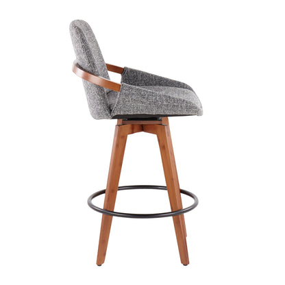 The Cosmo - Mid Century Counter Stool features a grey upholstered seat, wooden frame and legs, low backrest, armrest supports, and a black metal footrest ring. Shown from the side.