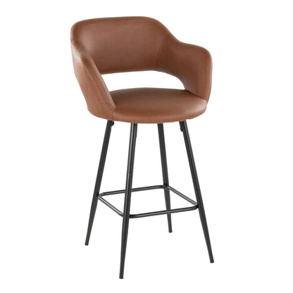 The Margarite set includes two brown leather counter stools featuring a curved backrest and armrests. Each stool has a cushioned seat, four slender black metal legs, and a square footrest, all in a modern, sleek design.