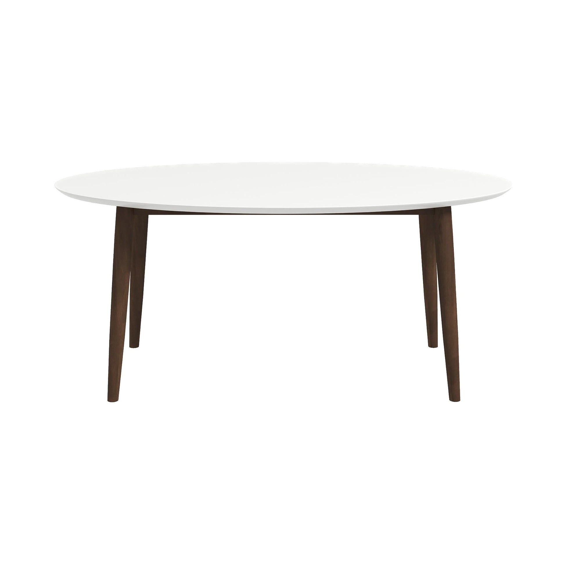 The Ada Mid-Century Modern Style Oval Dining Table features a smooth white top and four angled dark wooden legs, presented against a plain white background.