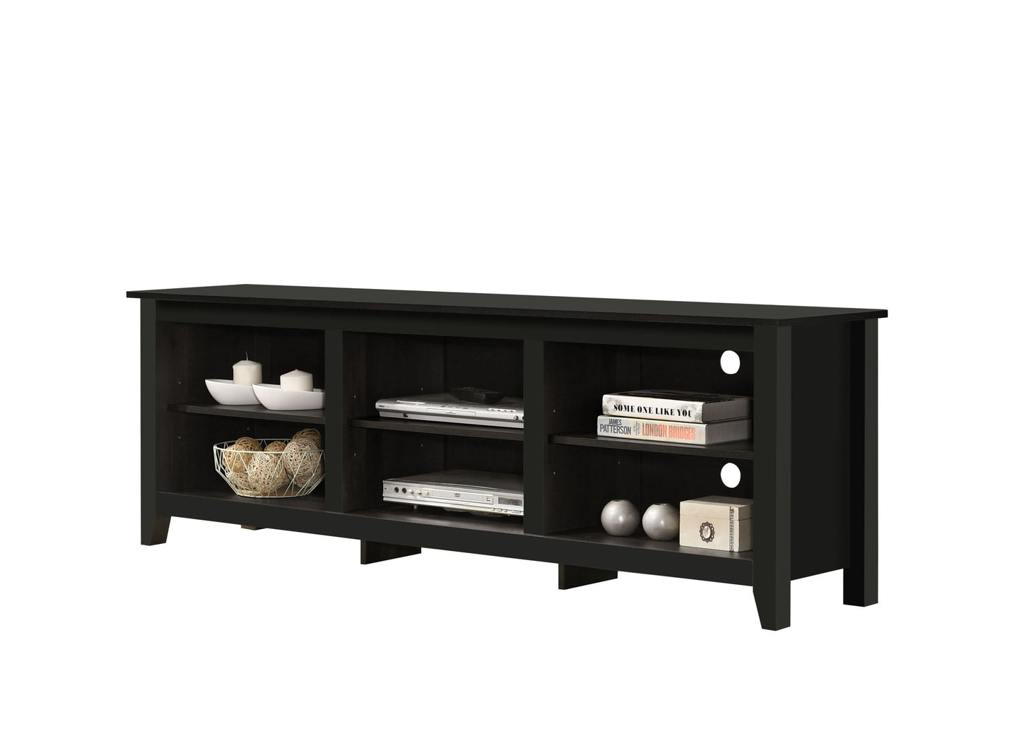 The Benito TV Stand features open shelves for books, decorative bowls, electronics, and other items. It has a sleek black wooden finish and circular openings at the back for convenient cable management.