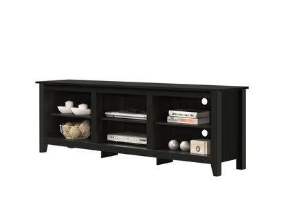 The Benito TV Stand features open shelves for books, decorative bowls, electronics, and other items. It has a sleek black wooden finish and circular openings at the back for convenient cable management.