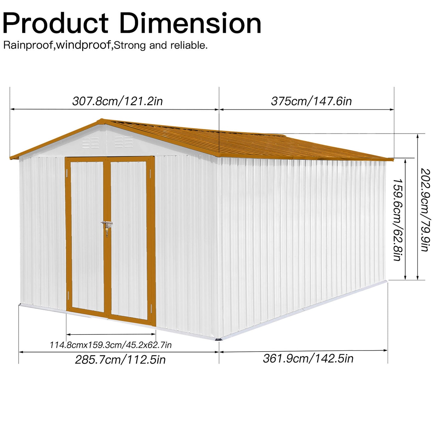 Diagram of a 10' x 12' Garden Sheds Outdoor Storage Shed with a brown roof, white walls, and dimensions: length 375 cm (147.6 in), width 285.7 cm (112.5 in), height 202.9 cm (79.9 in).