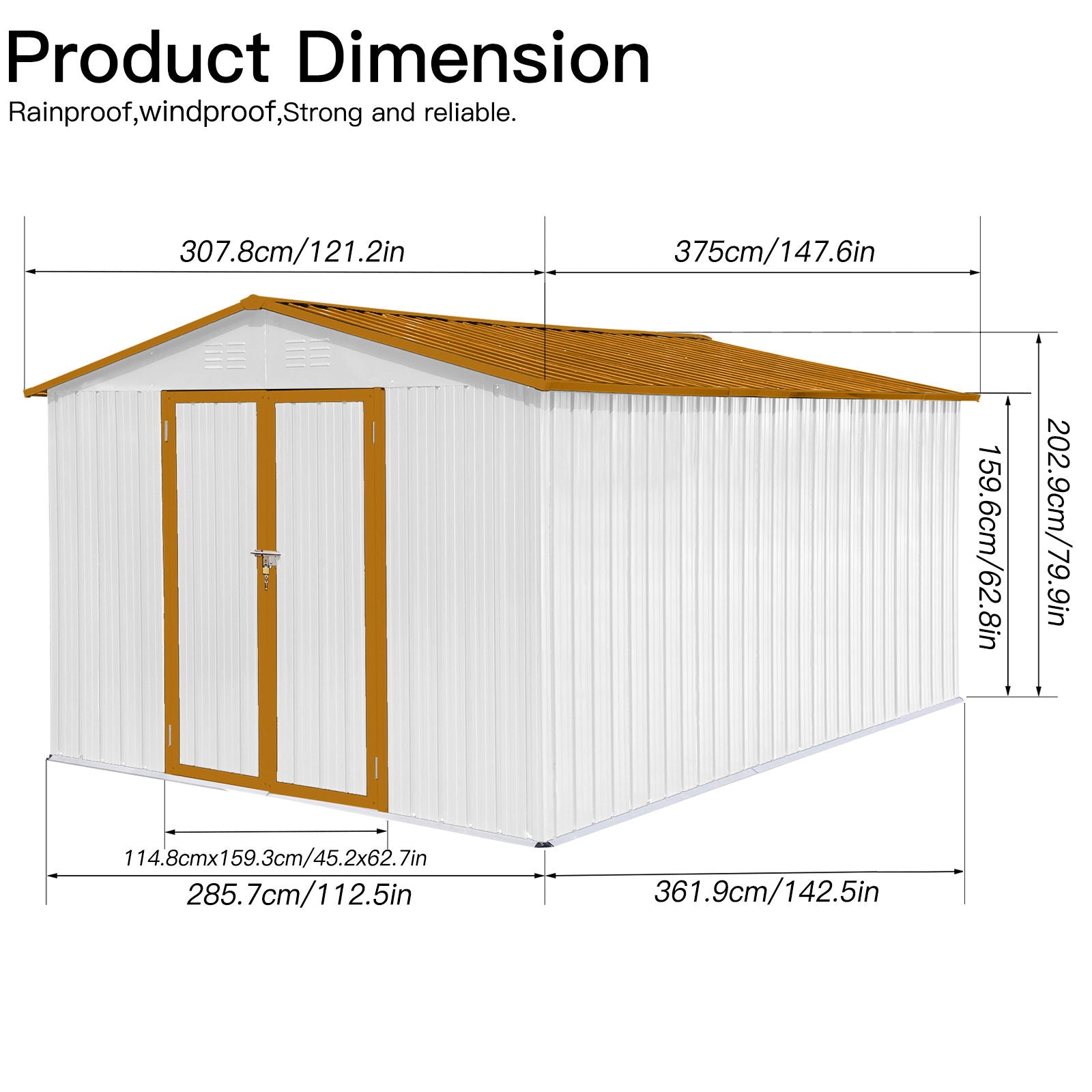 Diagram of a 10' x 12' Garden Sheds Outdoor Storage Shed with a brown roof, white walls, and dimensions: length 375 cm (147.6 in), width 285.7 cm (112.5 in), height 202.9 cm (79.9 in).