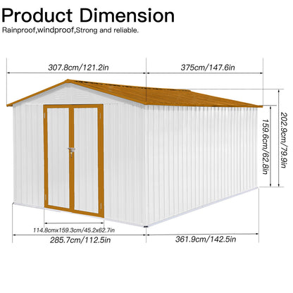 Diagram of a 10' x 12' Garden Sheds Outdoor Storage Shed with a brown roof, white walls, and dimensions: length 375 cm (147.6 in), width 285.7 cm (112.5 in), height 202.9 cm (79.9 in).