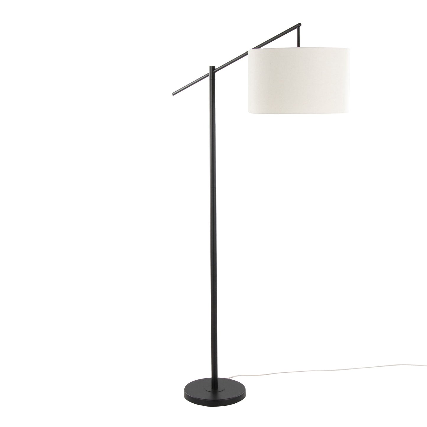 The Casper - Contemporary Floor Lamp features a slim black metal stand, round base, and horizontal rod supporting a suspended white cylindrical shade, with a visible power cord for modern appeal.