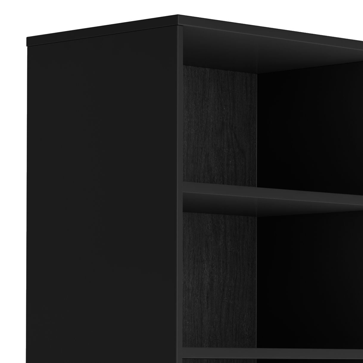 A close-up of the Harper - Handcrafted Bookcase With Storage shows its black wood, two visible shelves, and smooth matte finish.