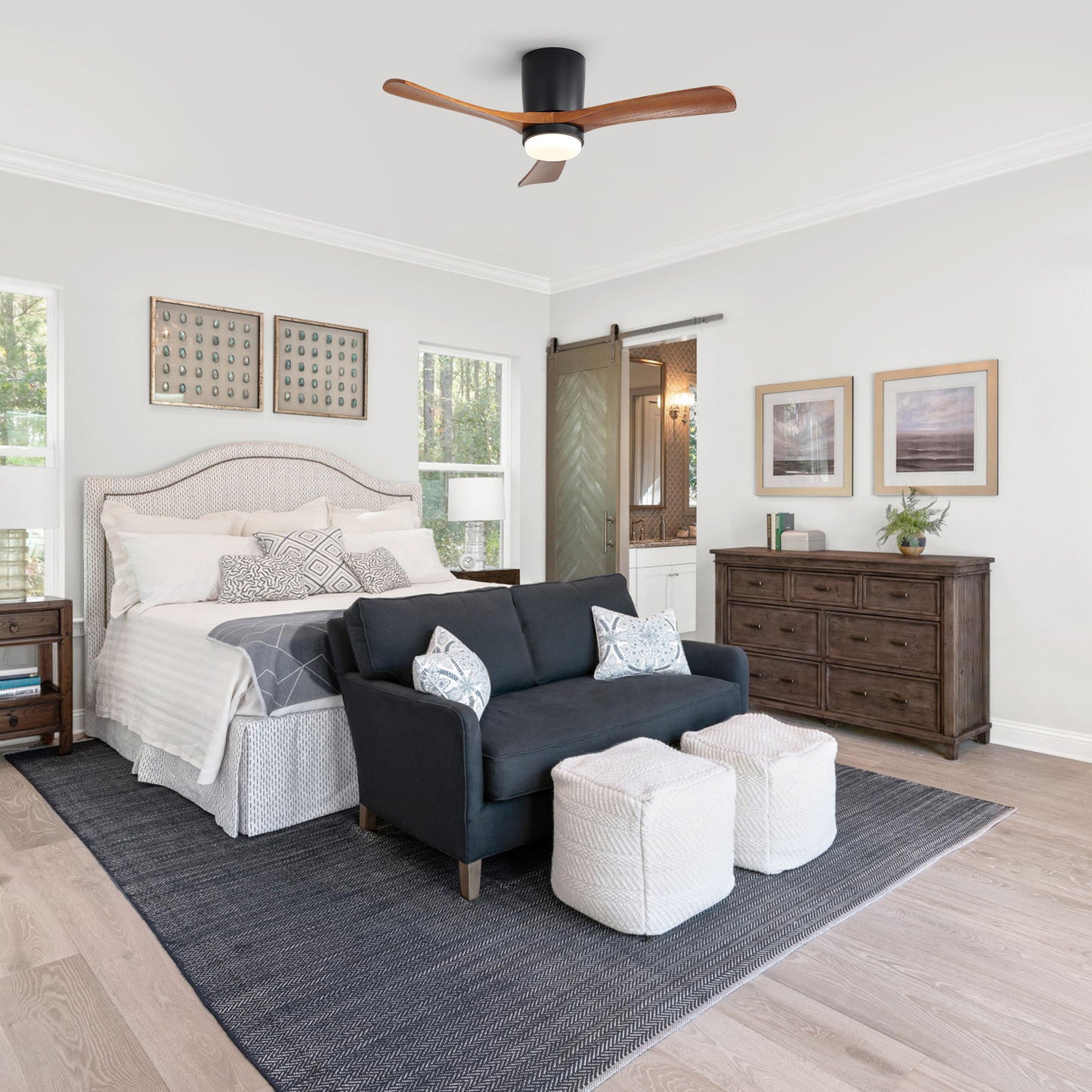 Ceiling Fan With Light, Dimmable 3 Color LED, 1 / 4 / 8H Timer, Silent For Bedroom - Matte Black