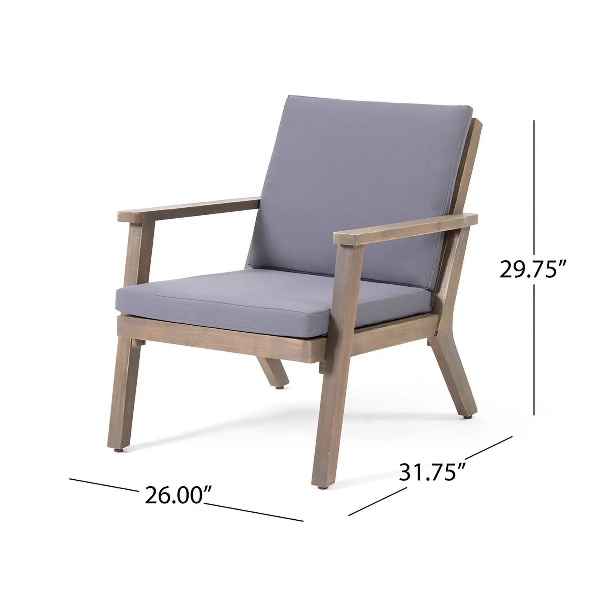 The Avacyn Outdoor Acacia Wood Armchair features gray seat and back cushions. Measuring 29.75"H x 26"W x 31.75"D, this modern, angled chair is displayed against a white background and is part of a 4-seater chat set with cushions.