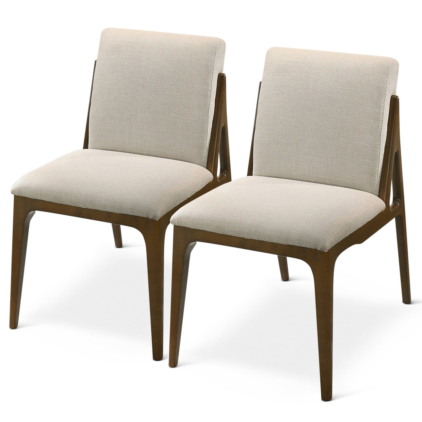 The Grivelle Elegant Dining Chair set includes two modern armless chairs with light beige upholstered seats and backs, and dark wooden frames and legs, shown side by side on a white background.