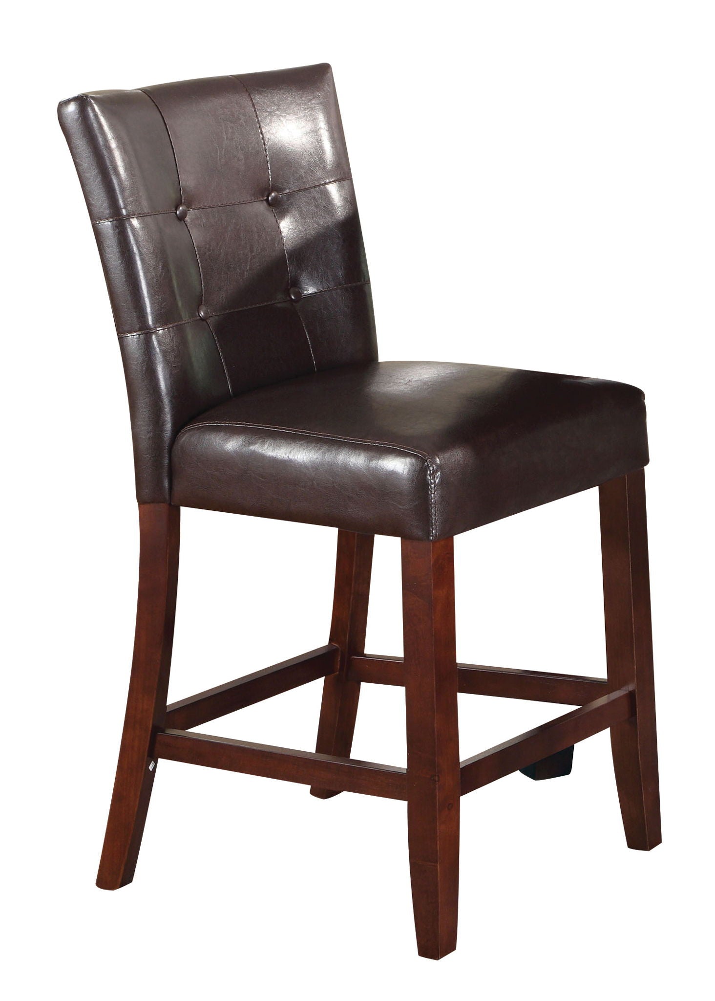 The Britney - Counter Height Chair (Set of 2) in Espresso features dark brown leather upholstery, a tufted backrest, wooden legs, a square seat, and built-in footrests.