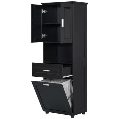 Tall Bathroom Cabinet With Tilt-Out Laundry Basket And Upper Storage