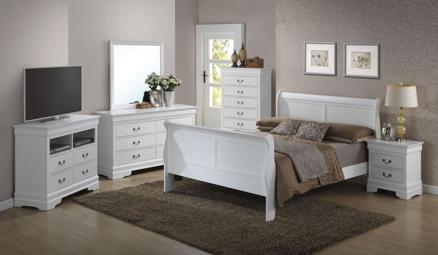 A bedroom featuring white furniture, including a Panel Sleigh Bed with brown bedding, dresser with mirror, chest of drawers, nightstand, and TV stand. A rug covers the wooden floor, complemented by wall decor and a lamp.