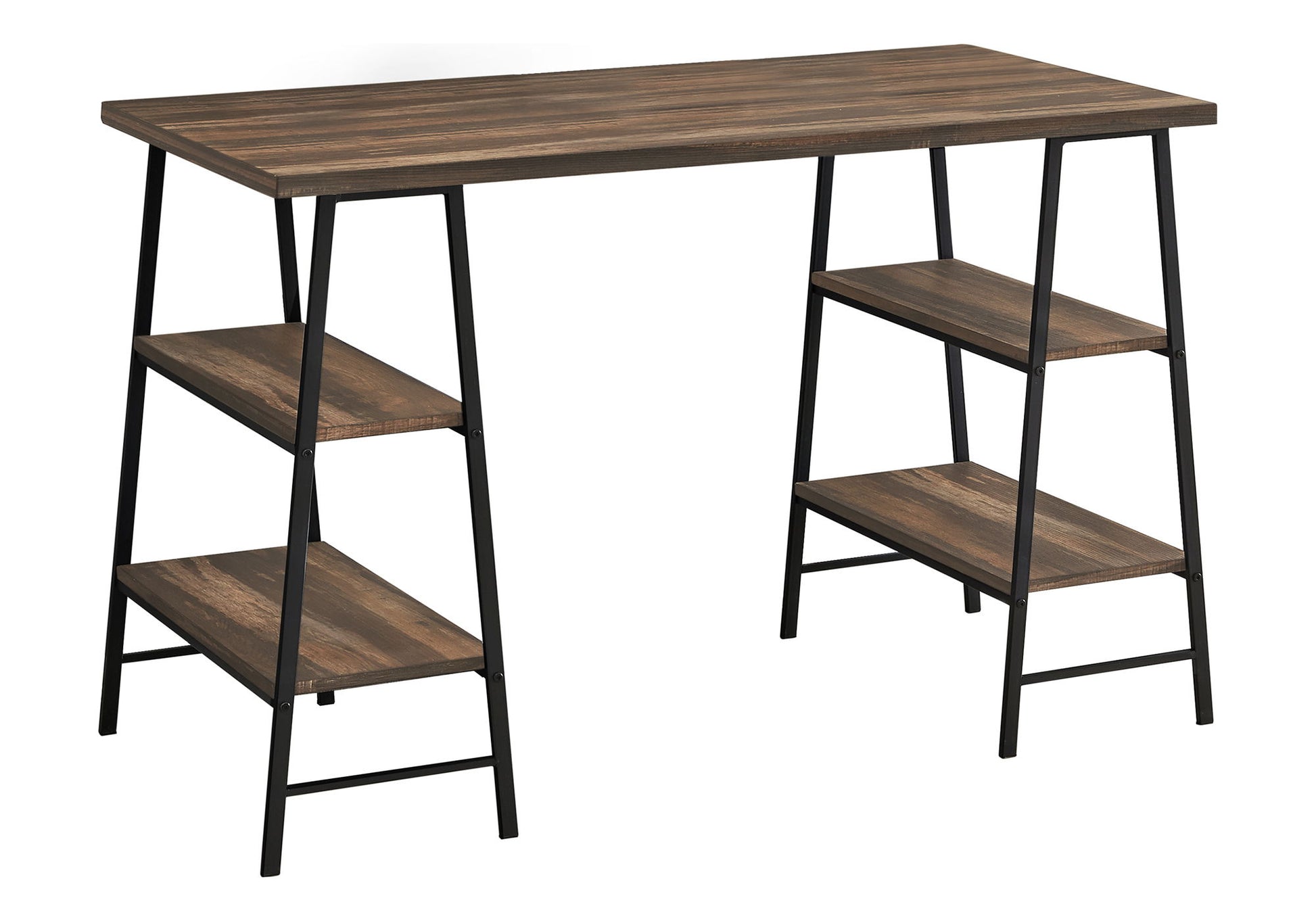 The Computer Desk For Home Office features a contemporary dark wood finish, black metal legs, and two open storage shelves on each side, combining minimalist style with functional design for laptops and workspace essentials.