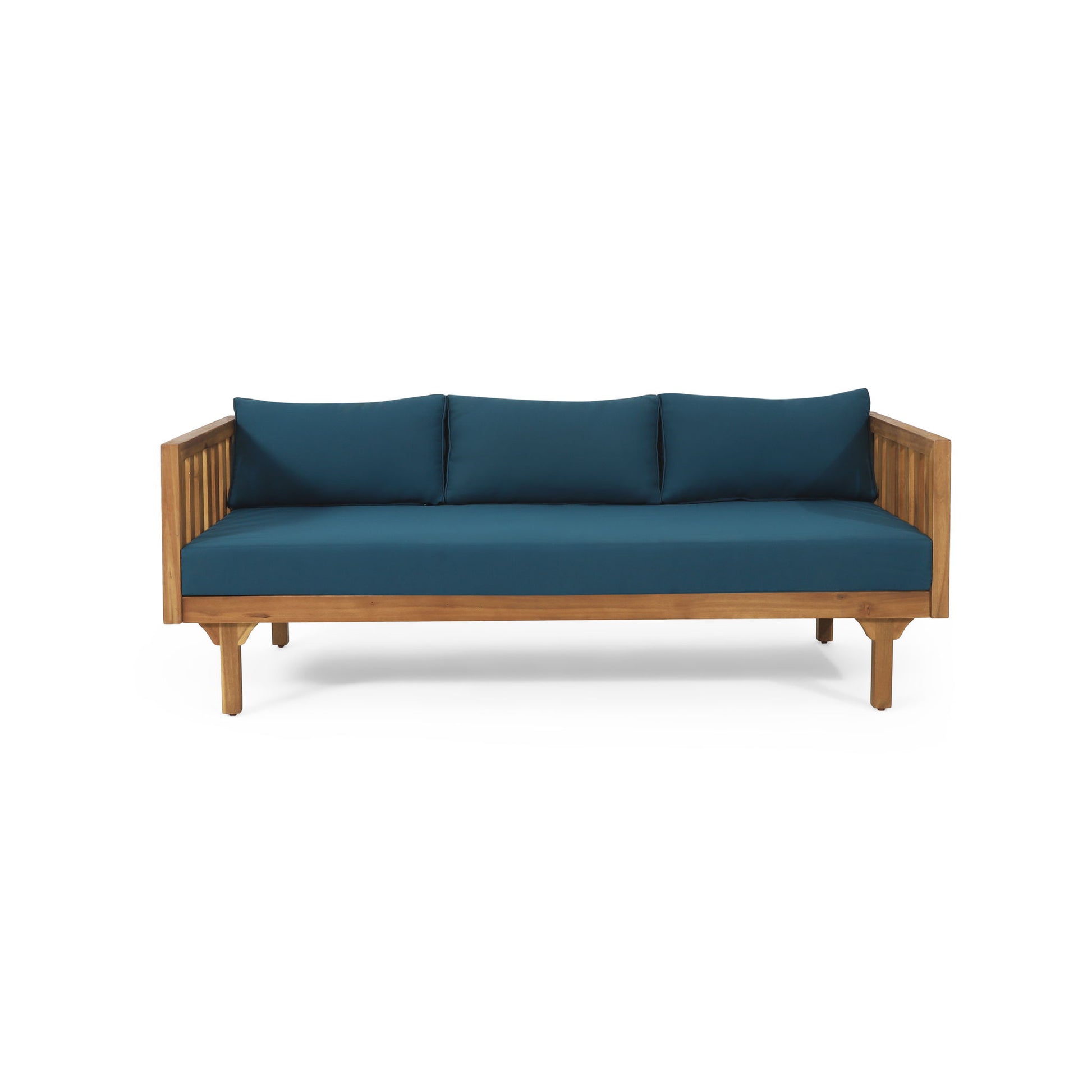 The Claremont 3 Seater Daybed features a teak acacia wood frame with vertical side slats and blue water-resistant cushions on the seat and back, shown against a white background.
