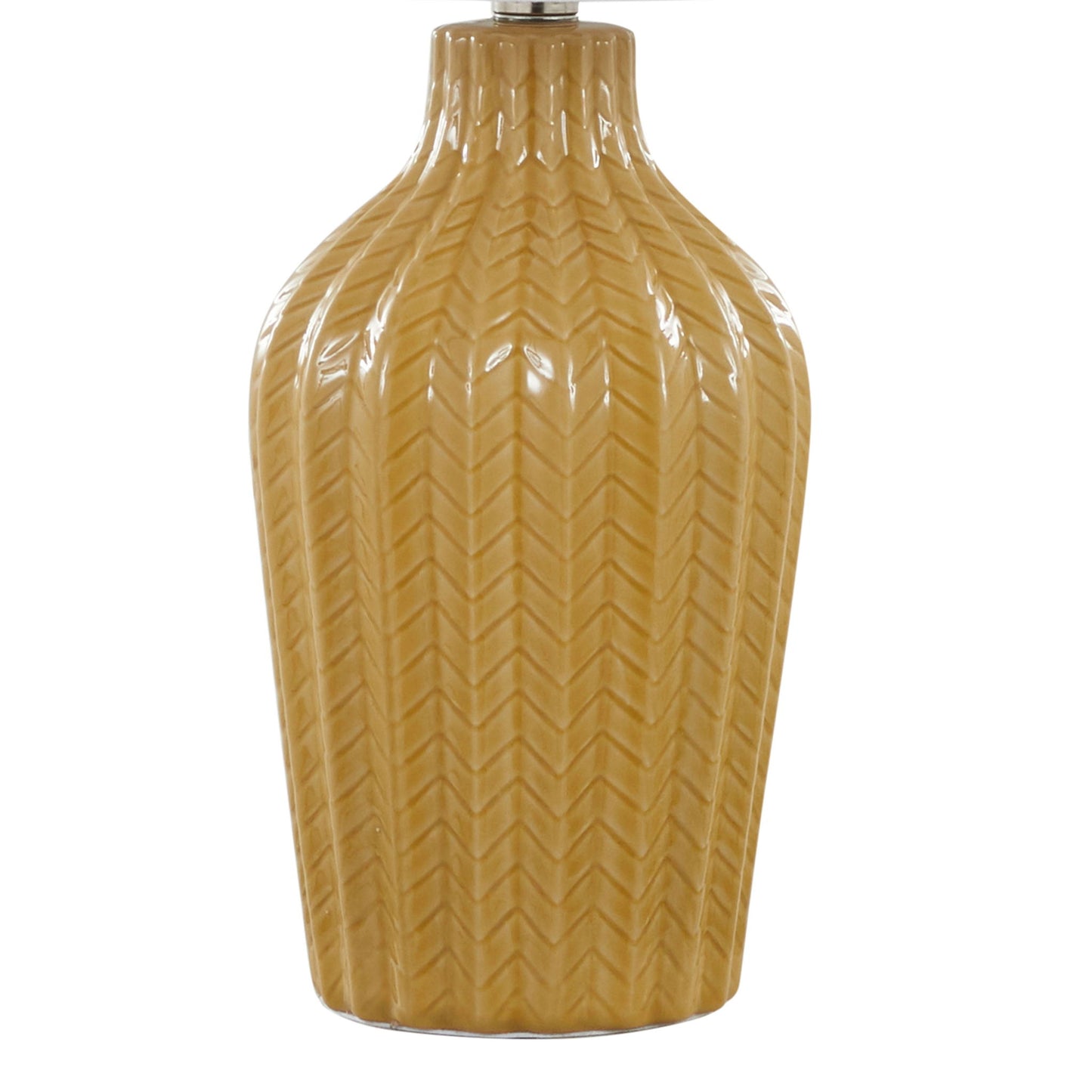 The Rockwell - Contemporary Table Lamp (Set of 2) features ceramic, vase-shaped bases in glossy mustard yellow with a raised chevron pattern for added texture and visual appeal.