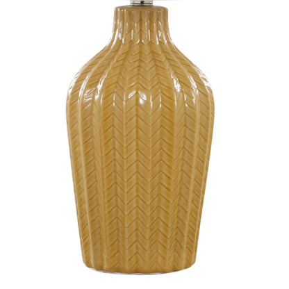 The Rockwell - Contemporary Table Lamp (Set of 2) features ceramic, vase-shaped bases in glossy mustard yellow with a raised chevron pattern for added texture and visual appeal.