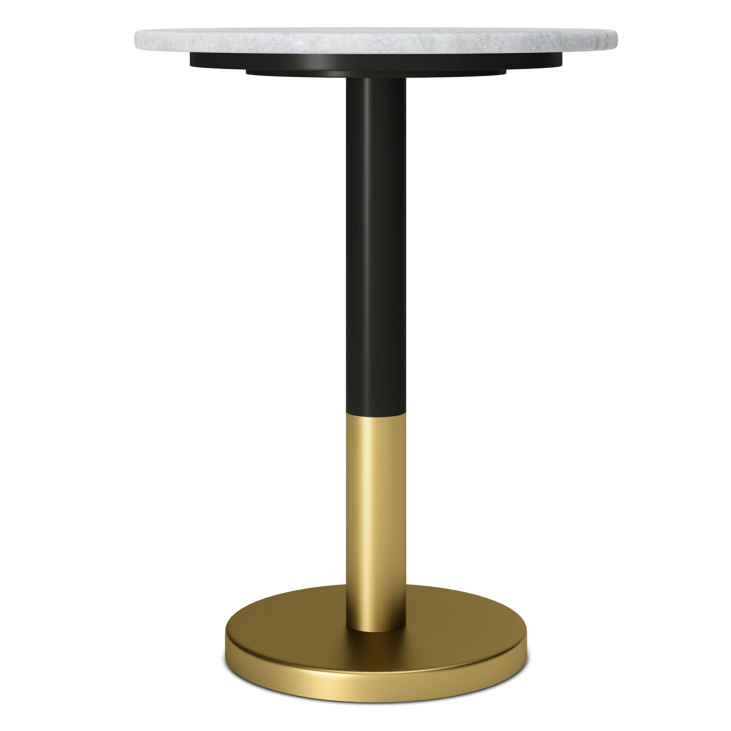 The Evans - Marble Side Table - White features a modern round white marble top, black and gold cylindrical pedestal, and matching gold circular base.