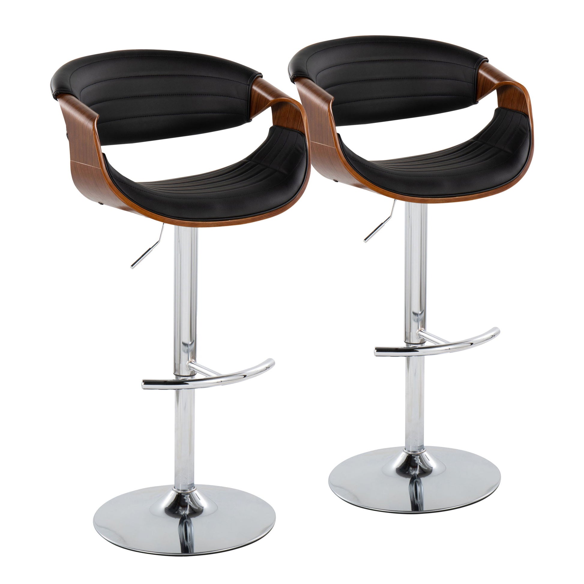 The Symphony Mid Century Modern Adjustable Barstool & Swivel (Set of 2) features curved wooden backs, black cushioned seats, chrome bases, and rounded T footrests, shown side by side on a white background.