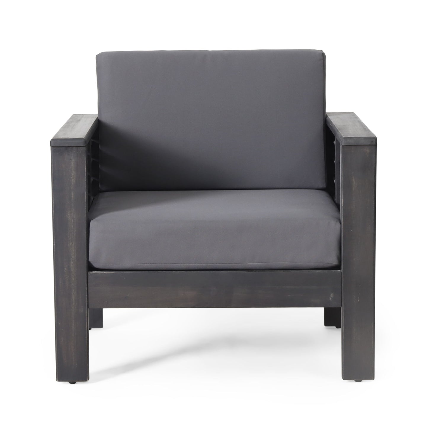 The Slat Design Club Chair features wide, dark wooden arms and frame with thick, dark gray seat and back cushions. It is shown against a plain white background.