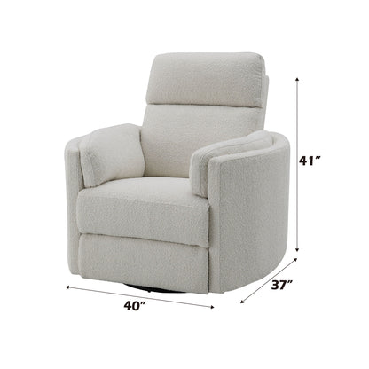 The Sagen - Chenille Glider Recliner With Swivel features off-white upholstery, cushioned back and arms, a side pillow, and a contemporary design. Dimensions: 41" tall, 40" wide, 37" deep.