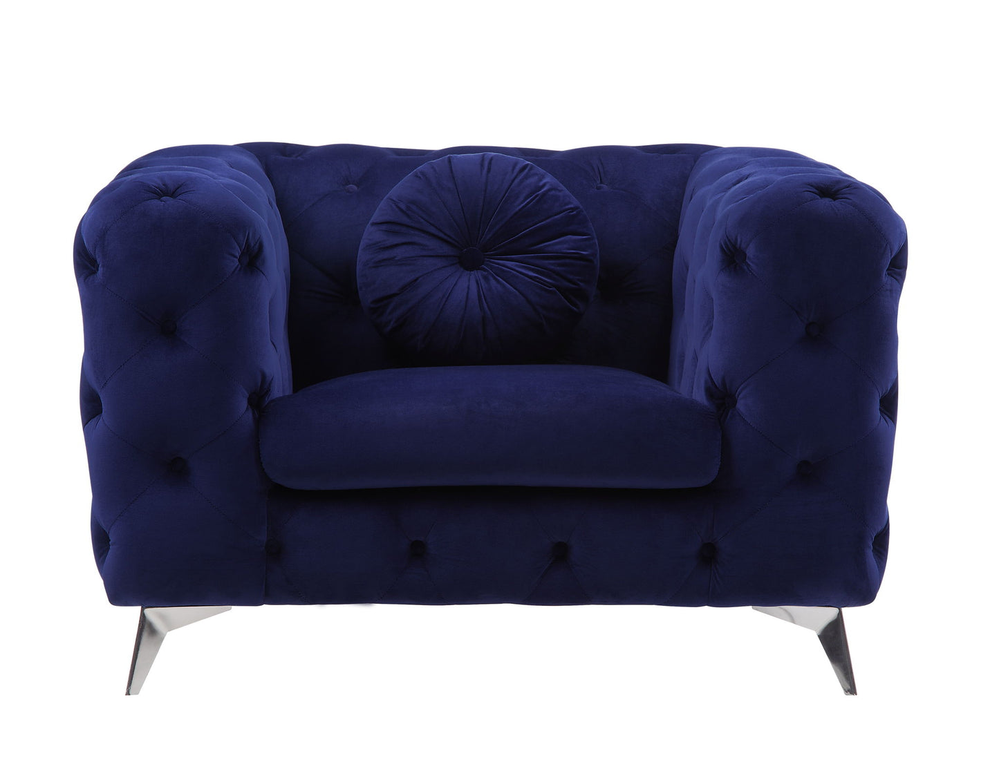 The Atronia - Chair features an elegant design with plush deep blue velvet, tufted upholstery, wide arms, metal legs, and a round matching cushion, shown from the front against a white background.