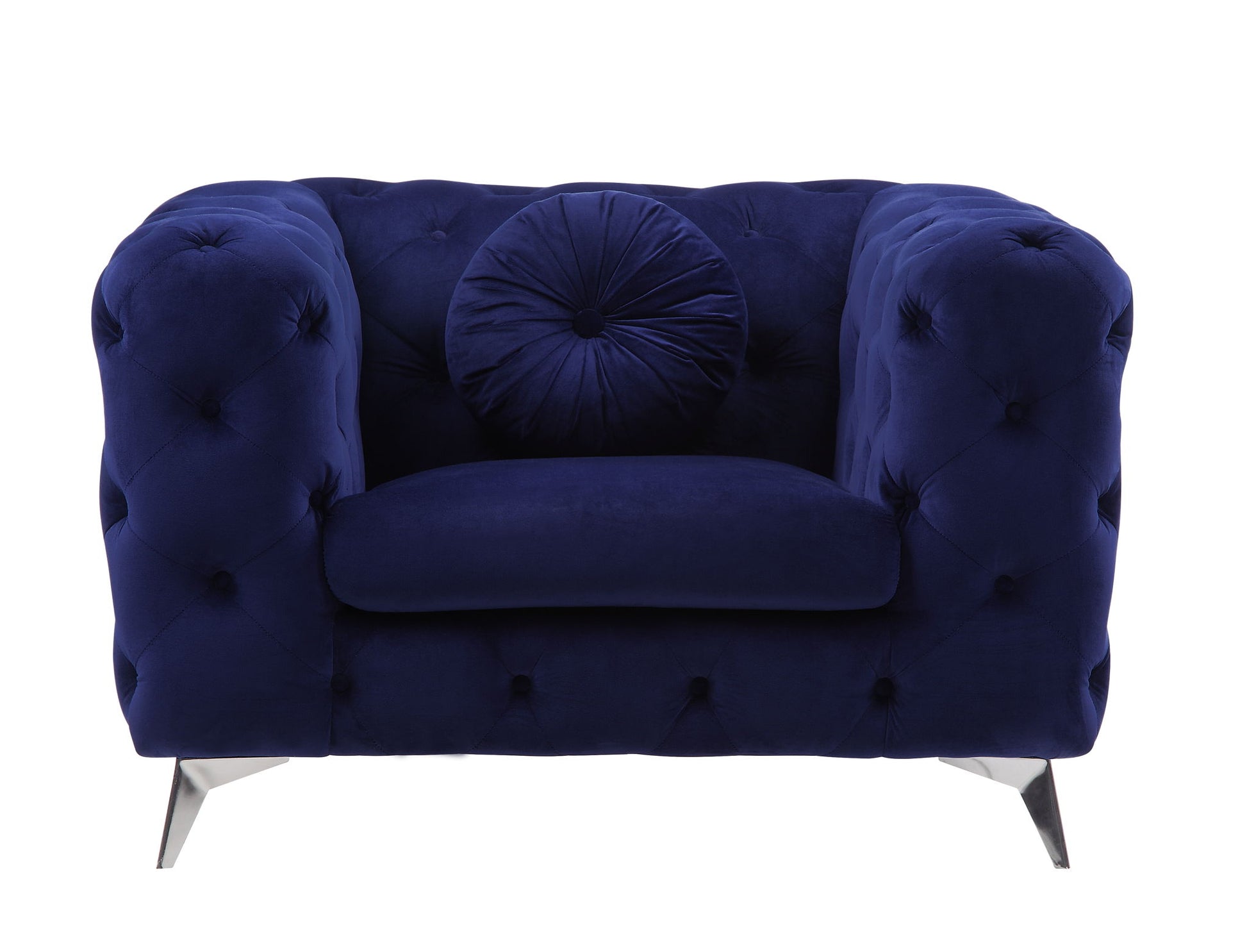 The Atronia - Chair features an elegant design with plush deep blue velvet, tufted upholstery, wide arms, metal legs, and a round matching cushion, shown from the front against a white background.