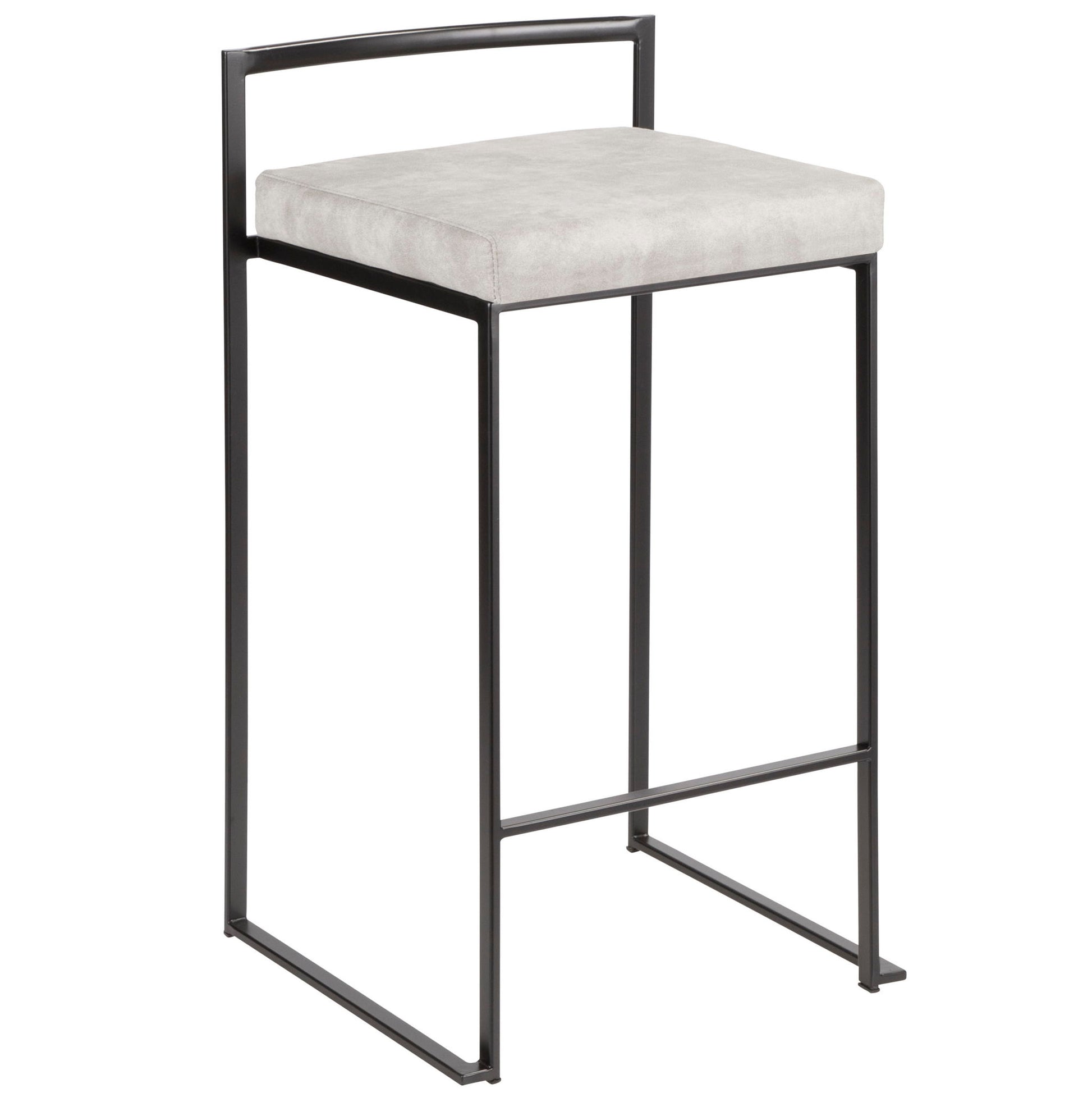 The Fuji - Contemporary Style Stackable Counter Stool features a black metal frame, light gray cushioned seat, minimalist low backrest, and straight angular legs.