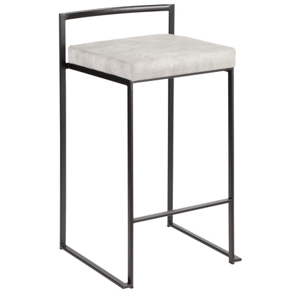 The Fuji - Contemporary Style Stackable Counter Stool features a black metal frame, light gray cushioned seat, minimalist low backrest, and straight angular legs.
