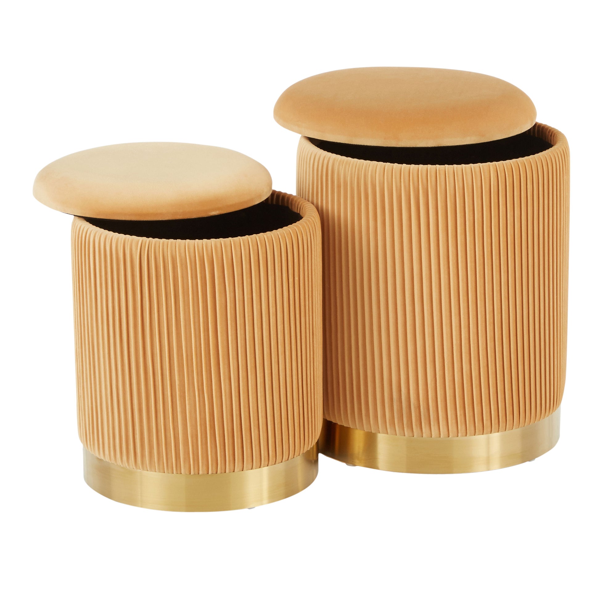 The Marla Contemporary Nesting Pleated Ottoman Set includes two round, tan ottomans with ribbed textures, golden bases, cushioned tops, and varying heights, positioned closely together on a white background.