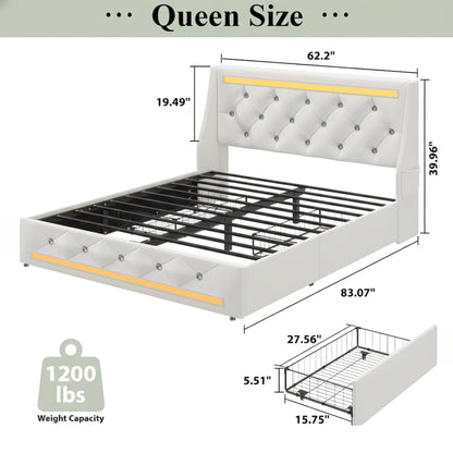 Wingback Upholstered Bed Frame With LED Lights, Charging Station