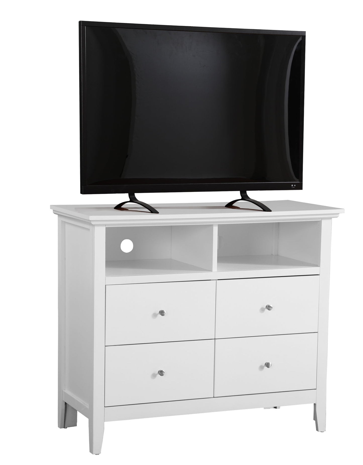 The Charming Media Chest With Storage, featuring four drawers and two open shelves, provides storage and media organization with a flat-screen TV on top.