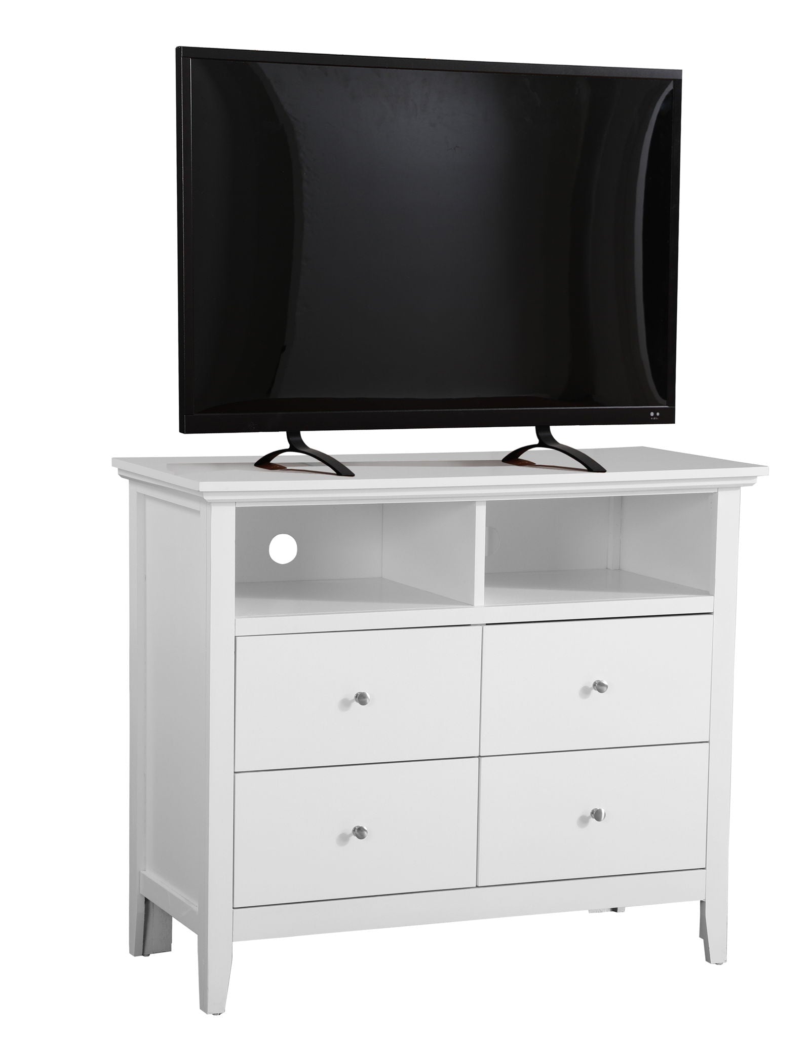 The Charming Media Chest With Storage, featuring four drawers and two open shelves, provides storage and media organization with a flat-screen TV on top.