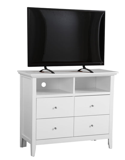 The Charming Media Chest With Storage, featuring four drawers and two open shelves, provides storage and media organization with a flat-screen TV on top.