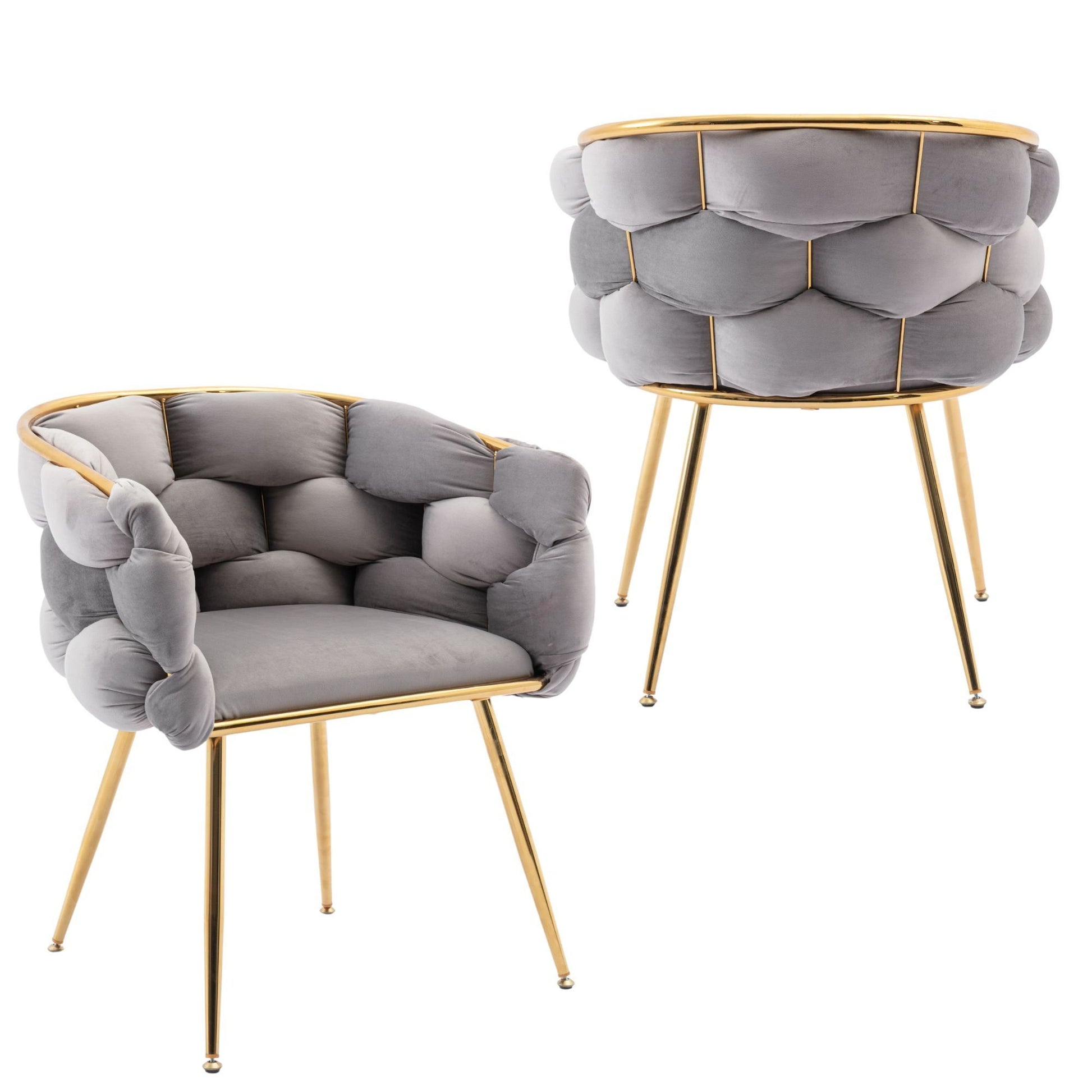 The Luxury Modern Simple Leisure Velvet Single Sofa Chair features a gold metal frame and legs, with plush, tufted gray upholstery that resembles soft bubbles, perfect for bedrooms, vanities, or manicure tables.