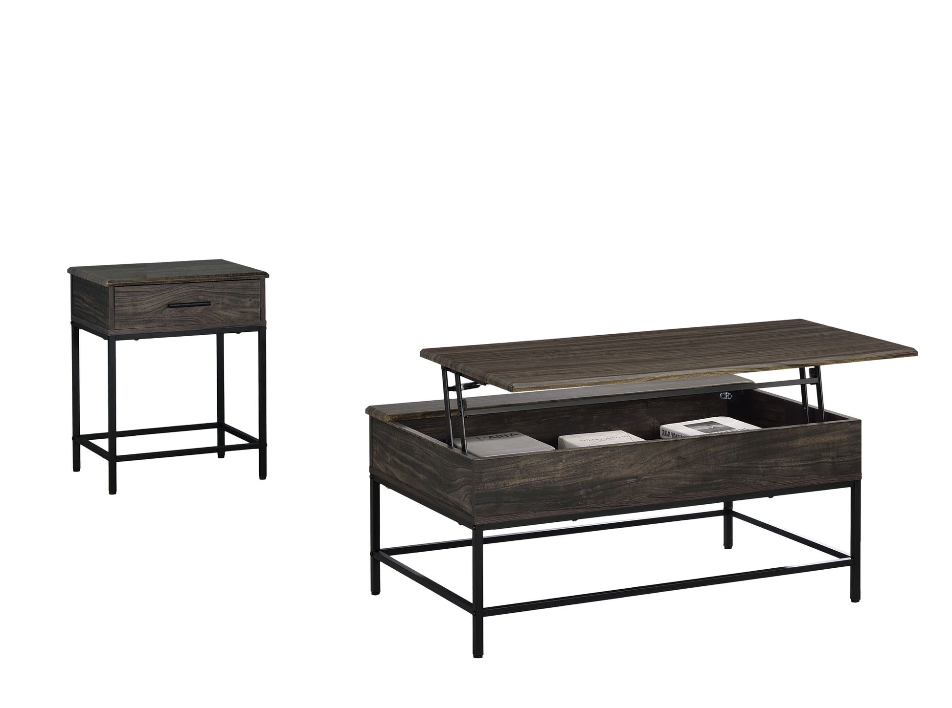 The Cliff Lift Top Coffee and End Table set features a wooden coffee table with a lift-top and storage, plus an end table with a drawer; both have black metal legs and frames, shown on a white background.