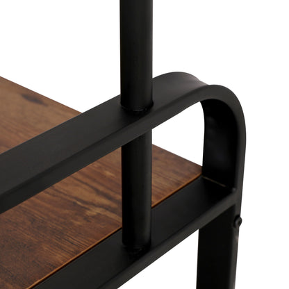 Close-up of the Hall Tree With Shoe Bench For Entryway, featuring a black metal frame with rounded edges and a brown wood-grain shelf. Its modern industrial design includes 9 removable hooks for versatile storage.