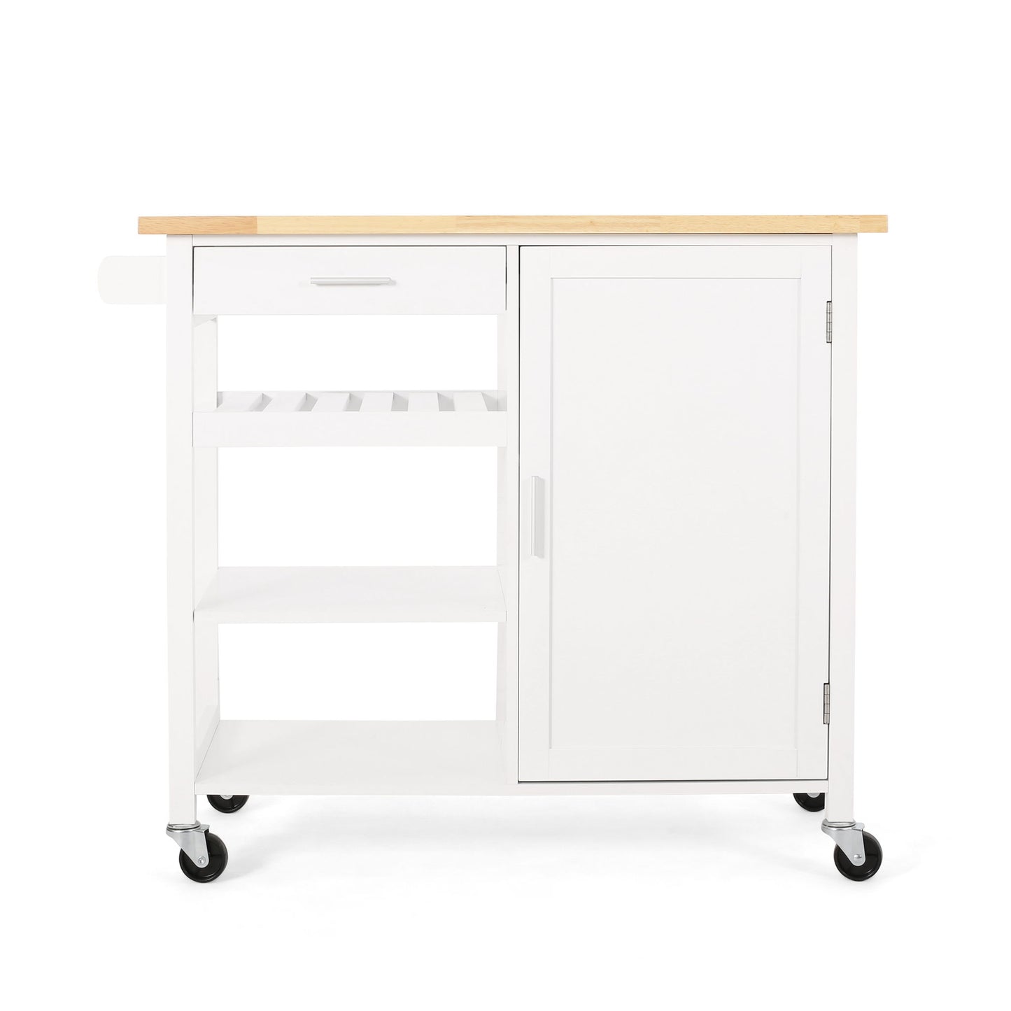 The Contemporary Design Kitchen Cart With Wheels features a white finish, light wood top, drawer, cabinet with door, open shelves, and four caster wheels for mobility.