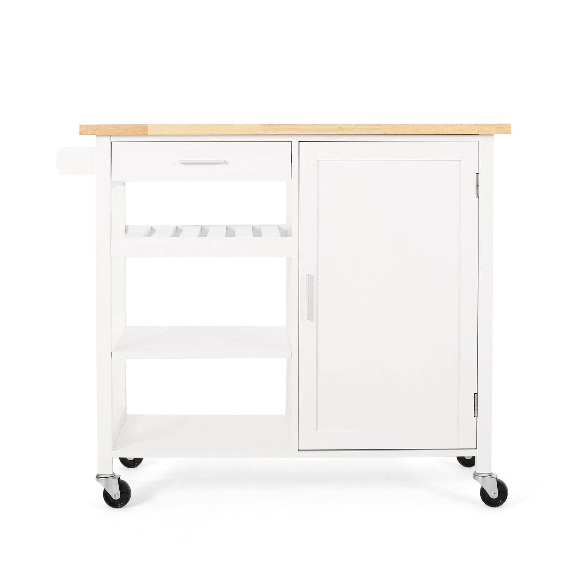 The Contemporary Design Kitchen Cart With Wheels features a white finish, light wood top, drawer, cabinet with door, open shelves, and four caster wheels for mobility.
