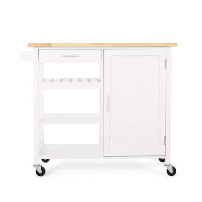 The Contemporary Design Kitchen Cart With Wheels features a white finish, light wood top, drawer, cabinet with door, open shelves, and four caster wheels for mobility.